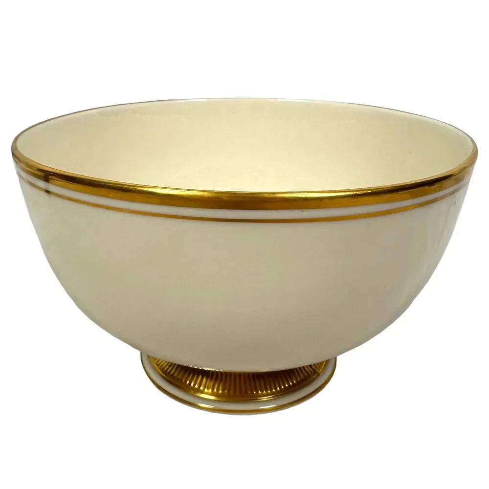 Vintage Lenox Tuxedo Serving Bowl Gold Back Stamp 60s Footed 7.5